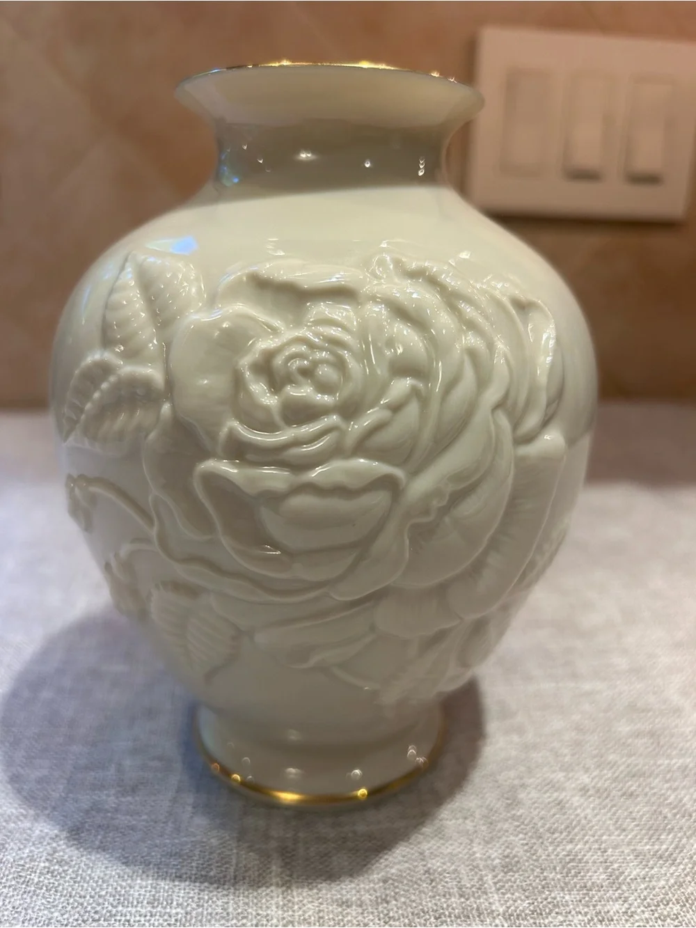 Lenox White Porcelain Floral Relief Vase with Gold Accents
